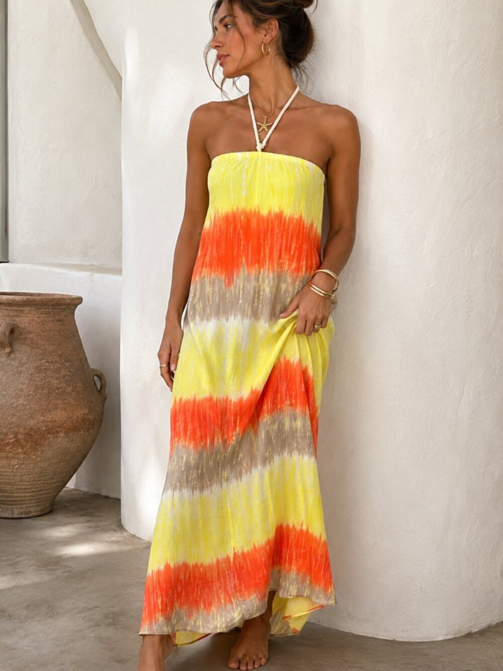 Testament Sunset Tie Dye Halter Maxi Dress Boho Beach Vacation M